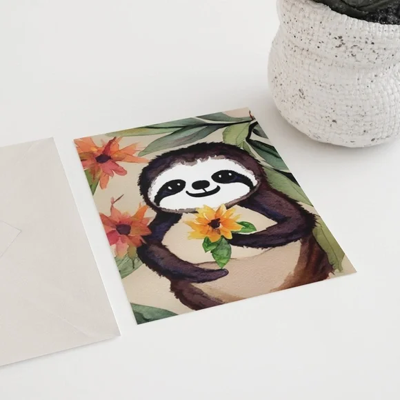 Wall Art Watercolor Floral Cute Sloth Illustration Print Poster Card Unframed - Picture 5 of 5